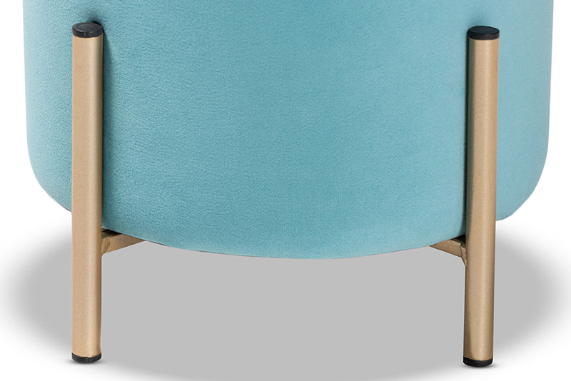 Bisset Contemporary Glam and Luxe Sky Blue Velvet Fabric Upholstered and Gold Finished Metal Ottoman