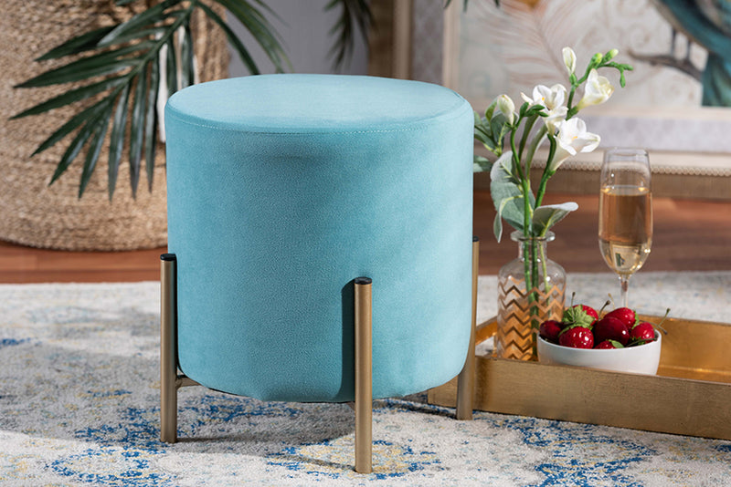 Bisset Contemporary Glam and Luxe Sky Blue Velvet Fabric Upholstered and Gold Finished Metal Ottoman