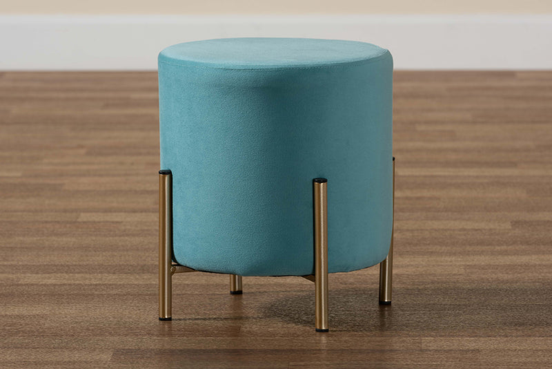 Bisset Contemporary Glam and Luxe Sky Blue Velvet Fabric Upholstered and Gold Finished Metal Ottoman