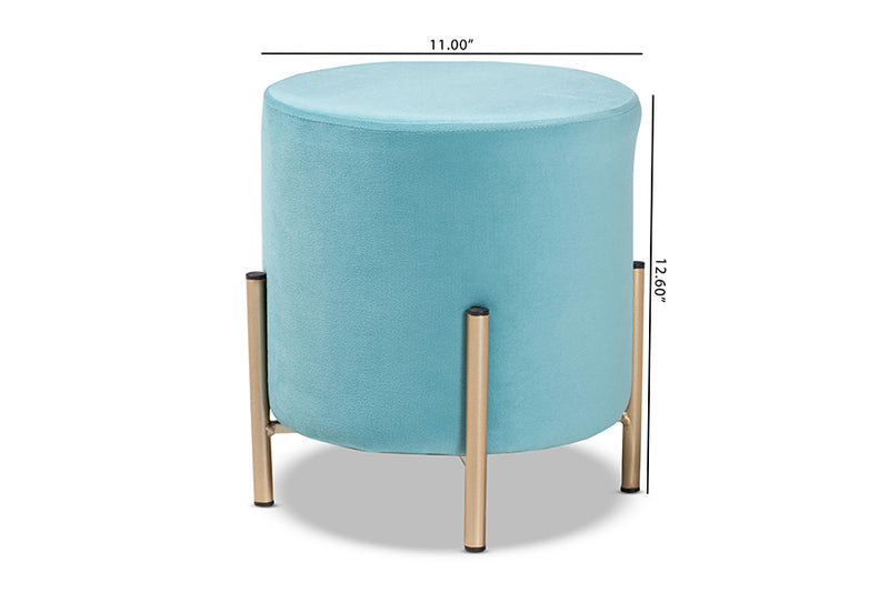 Bisset Contemporary Glam and Luxe Sky Blue Velvet Fabric Upholstered and Gold Finished Metal Ottoman