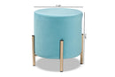 Bisset Sky Blue Velvet Fabric Upholstered and Gold Finished Metal Ottoman Baxton