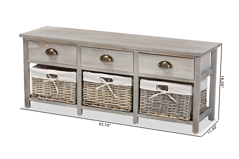 Tamara Modern and Contemporary Light Gray Finished Wood 3-Drawer Storage Bench w/Baskets