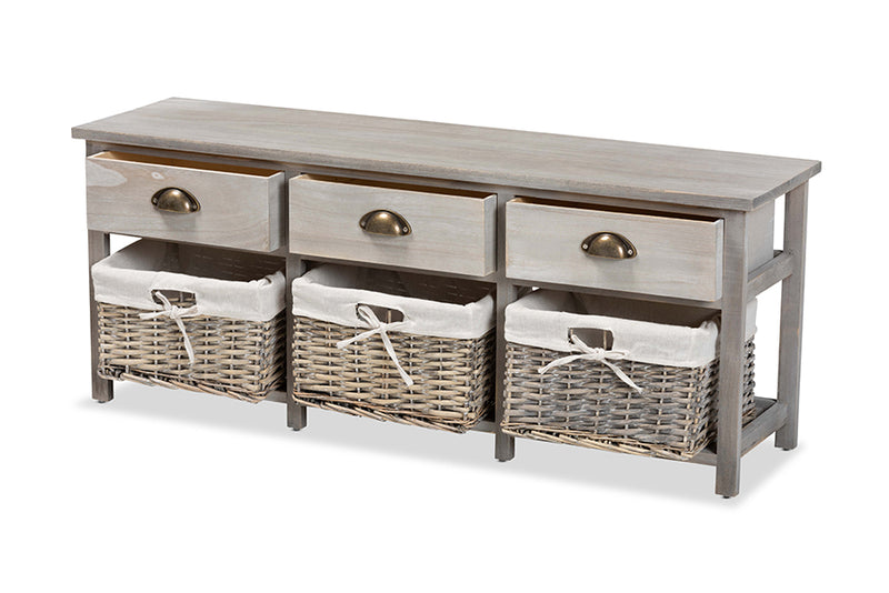 Tamara Modern and Contemporary Light Gray Finished Wood 3-Drawer Storage Bench w/Baskets