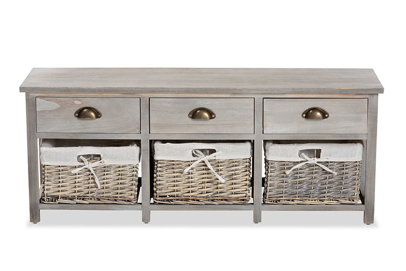 Tamara Modern and Contemporary Light Gray Finished Wood 3-Drawer Storage Bench w/Baskets