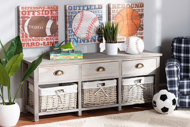 Tamara Modern and Contemporary Light Gray Finished Wood 3-Drawer Storage Bench w/Baskets