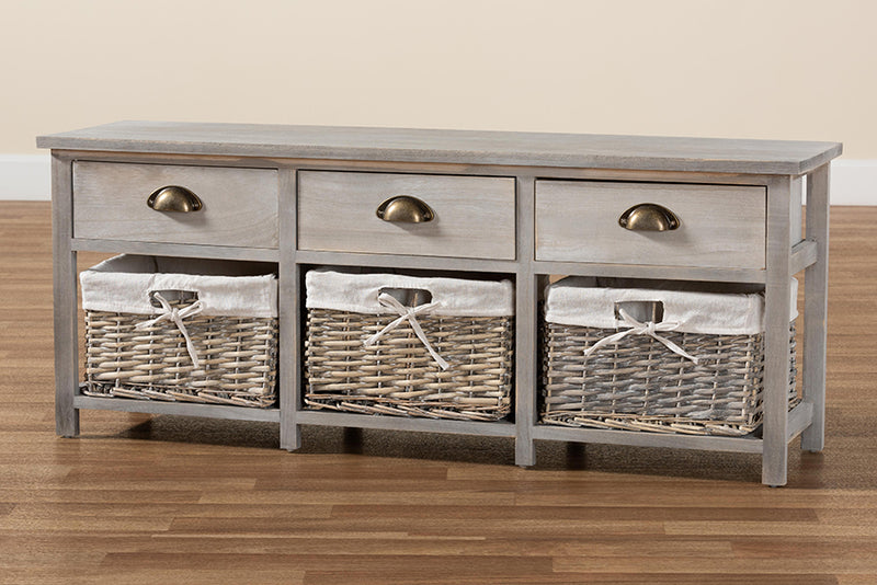 Tamara Modern and Contemporary Light Gray Finished Wood 3-Drawer Storage Bench w/Baskets