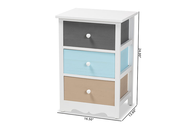 Royce Modern and Contemporary White and Multi-Colored Finished Wood 3-Drawer End Table