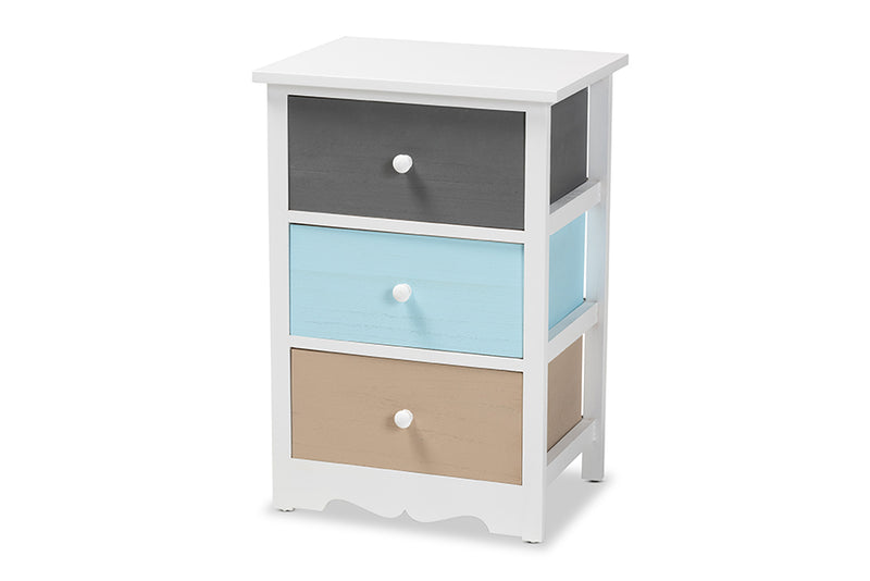 Royce Modern and Contemporary White and Multi-Colored Finished Wood 3-Drawer End Table