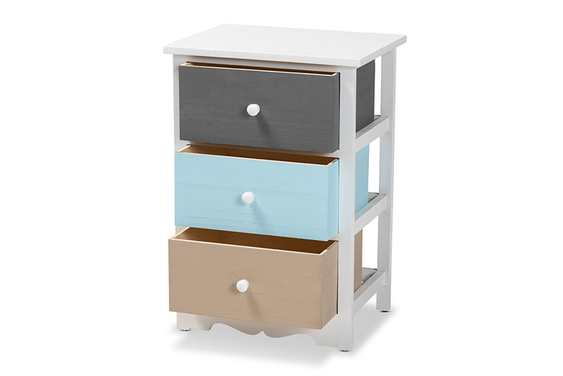 Royce Modern and Contemporary White and Multi-Colored Finished Wood 3-Drawer End Table