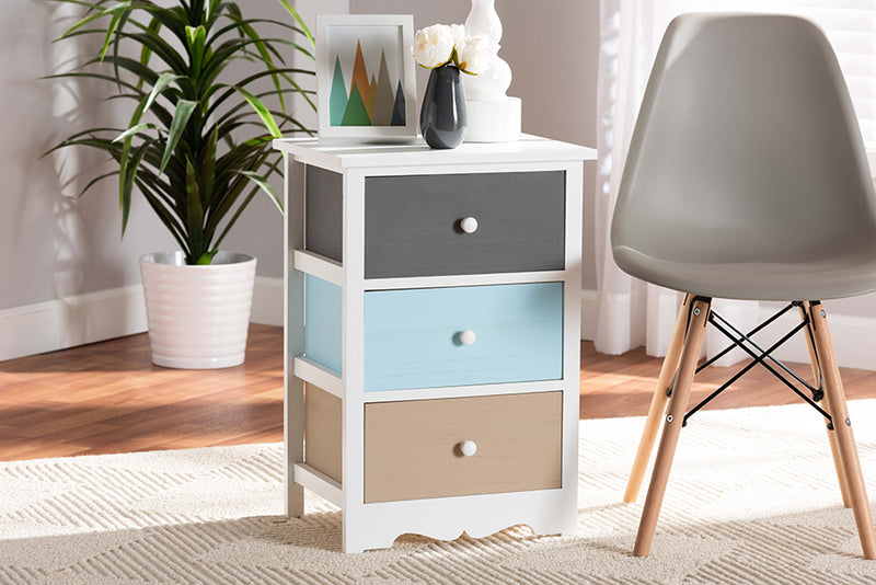 Royce Modern and Contemporary White and Multi-Colored Finished Wood 3-Drawer End Table