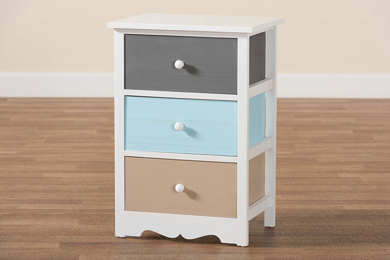 Royce Modern and Contemporary White and Multi-Colored Finished Wood 3-Drawer End Table