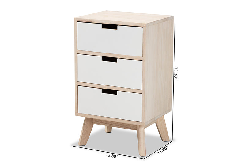 Toulan Mid-Century Modern Two-Tone White and Light Brown Finished Wood 3-Drawer End Table