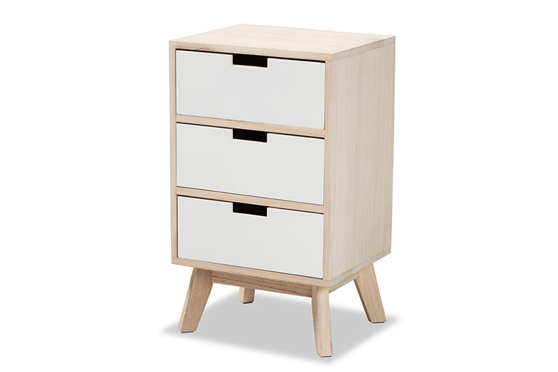 Toulan Mid-Century Modern Two-Tone White and Light Brown Finished Wood 3-Drawer End Table