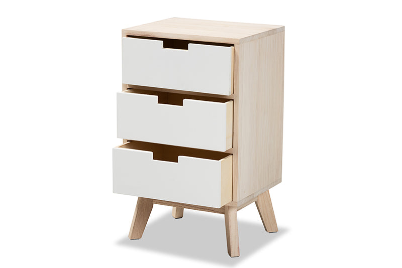 Toulan Mid-Century Modern Two-Tone White and Light Brown Finished Wood 3-Drawer End Table