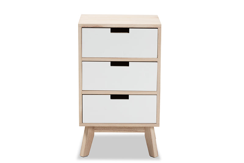 Toulan Mid-Century Modern Two-Tone White and Light Brown Finished Wood 3-Drawer End Table