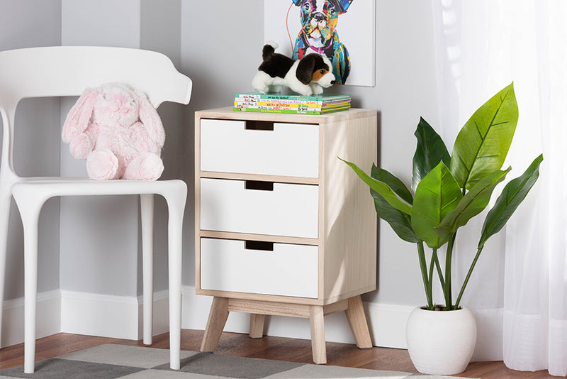 Toulan Mid-Century Modern Two-Tone White and Light Brown Finished Wood 3-Drawer End Table