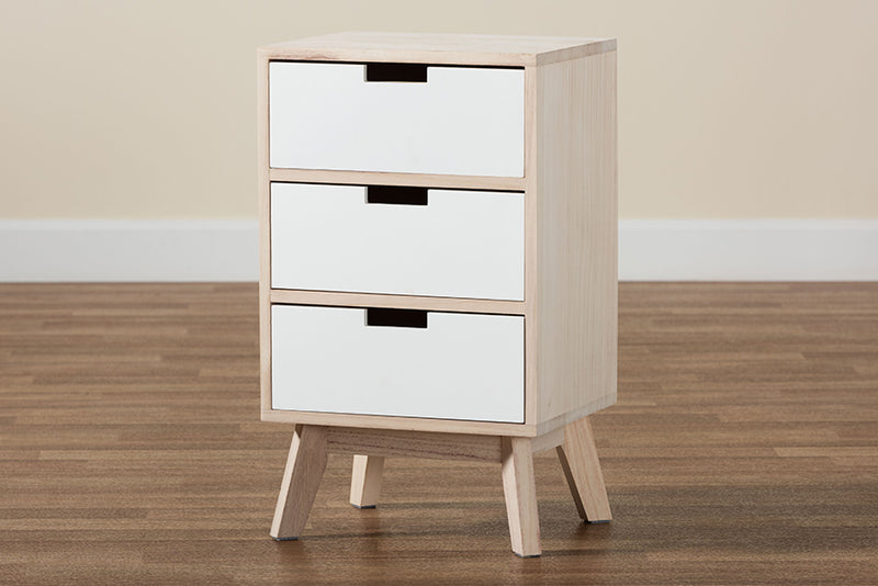 Toulan Mid-Century Modern Two-Tone White and Light Brown Finished Wood 3-Drawer End Table