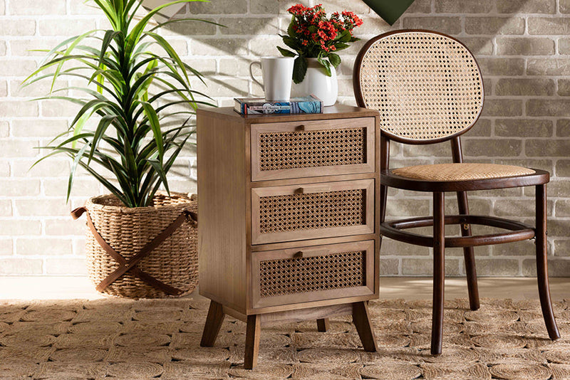Brooke Walnut Brown 3-Drawer End Table w/Rattan Baxton