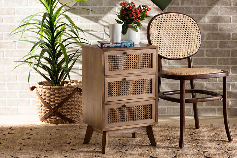 Brooke Mid-Century Modern Walnut Brown Finished Wood 3-Drawer End Table w/Rattan