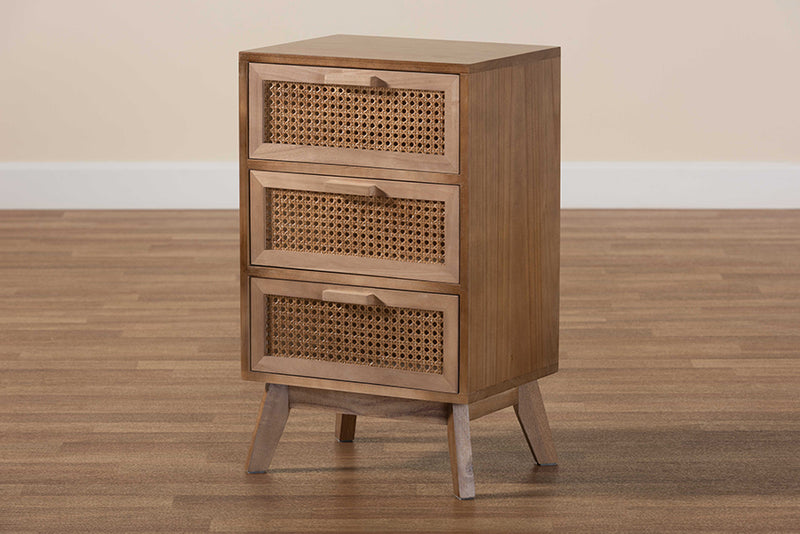 Brooke Mid-Century Modern Walnut Brown Finished Wood 3-Drawer End Table w/Rattan