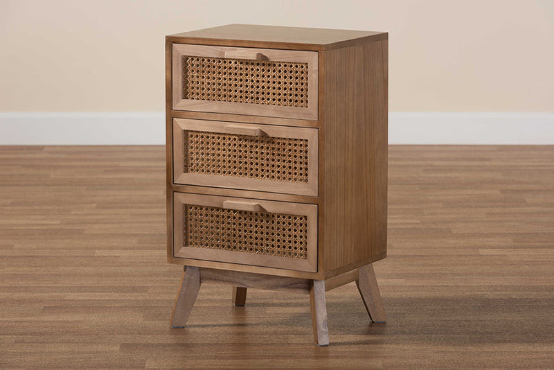 Brooke Walnut Brown 3-Drawer End Table w/Rattan Baxton