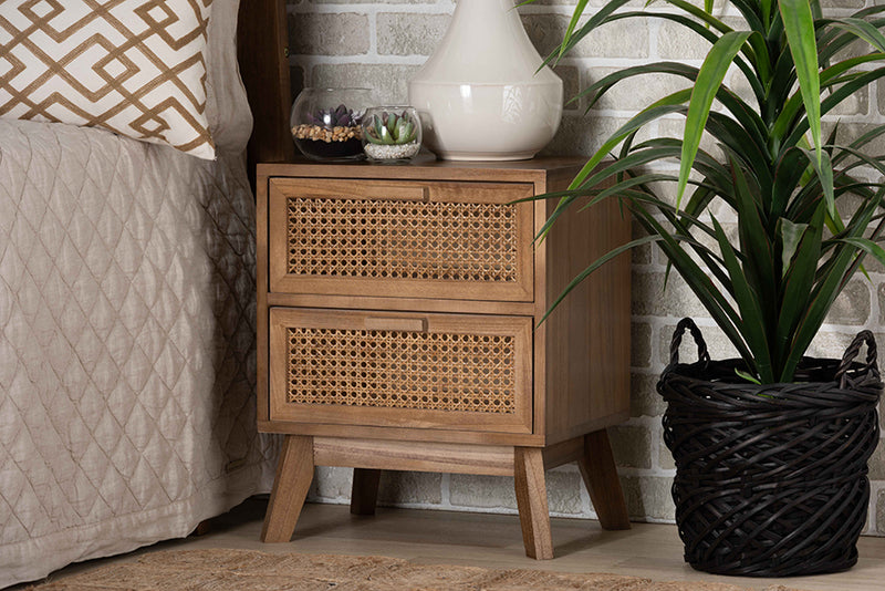 Brooke Mid-Century Modern Walnut Brown Finished Wood 2-Drawer End Table w/Rattan