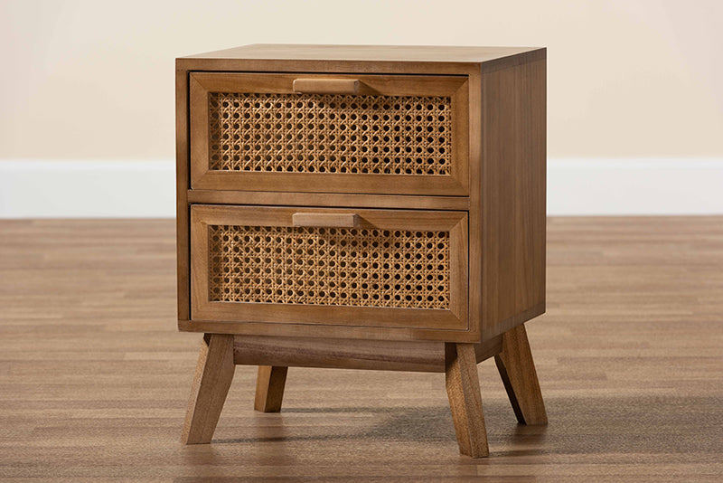 Brooke Mid-Century Modern Walnut Brown Finished Wood 2-Drawer End Table w/Rattan