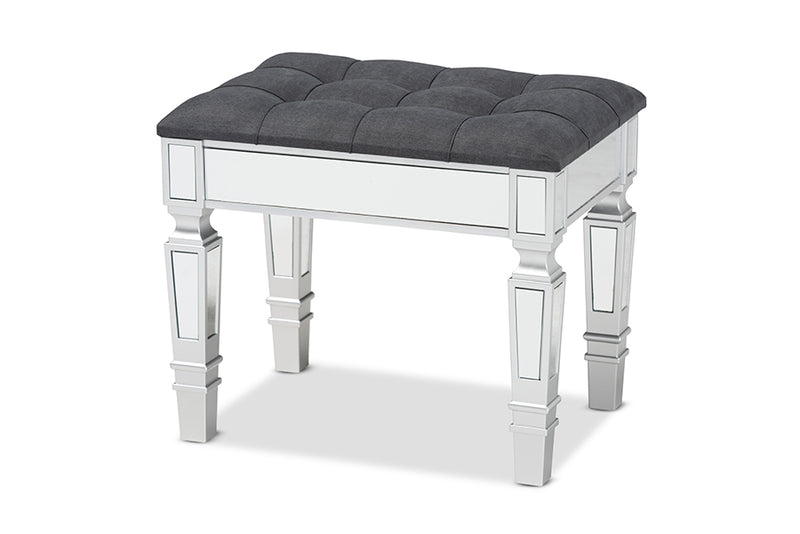 Oren Contemporary Glam and Luxe Gray Fabric Upholstered and Silver Finished Wood Ottoman