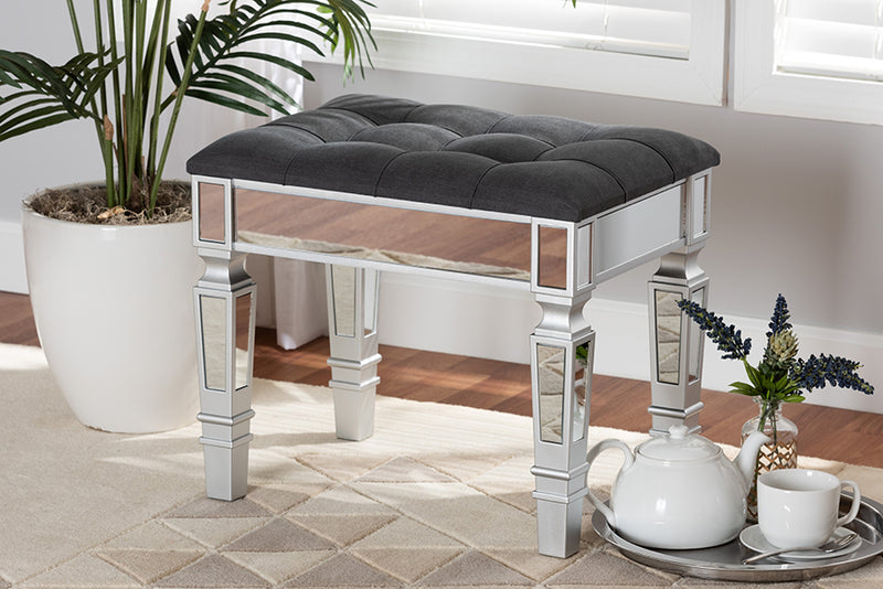 Oren Contemporary Glam and Luxe Gray Fabric Upholstered and Silver Finished Wood Ottoman