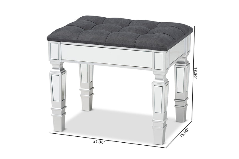 Oren Contemporary Glam and Luxe Gray Fabric Upholstered and Silver Finished Wood Ottoman