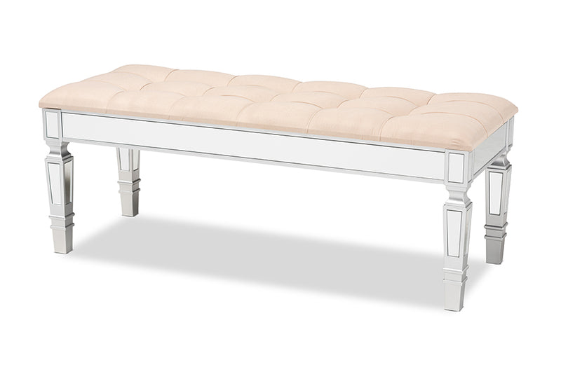 Oren Contemporary Glam and Luxe Beige Fabric Upholstered and Silver Finished Wood Accent Bench