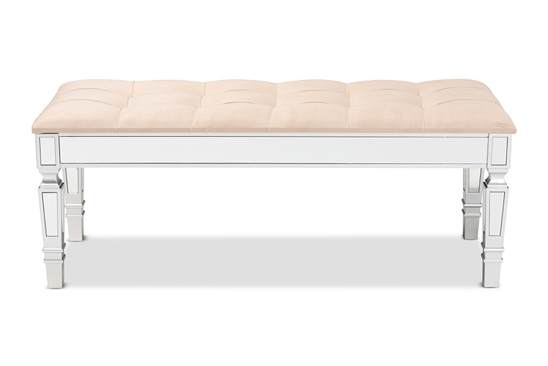 Oren Contemporary Glam and Luxe Beige Fabric Upholstered and Silver Finished Wood Accent Bench