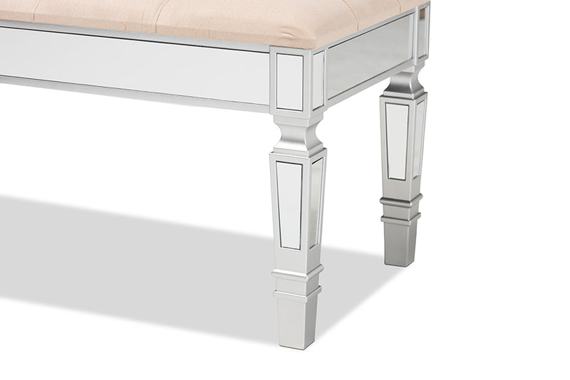 Oren Contemporary Glam and Luxe Beige Fabric Upholstered and Silver Finished Wood Accent Bench