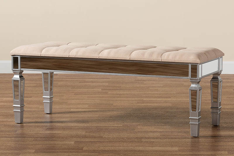 Oren Contemporary Glam and Luxe Beige Fabric Upholstered and Silver Finished Wood Accent Bench