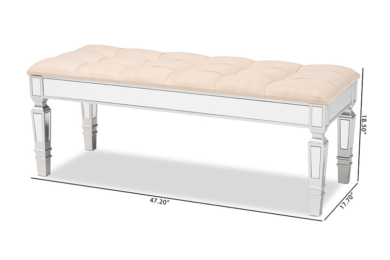 Oren Contemporary Glam and Luxe Beige Fabric Upholstered and Silver Finished Wood Accent Bench