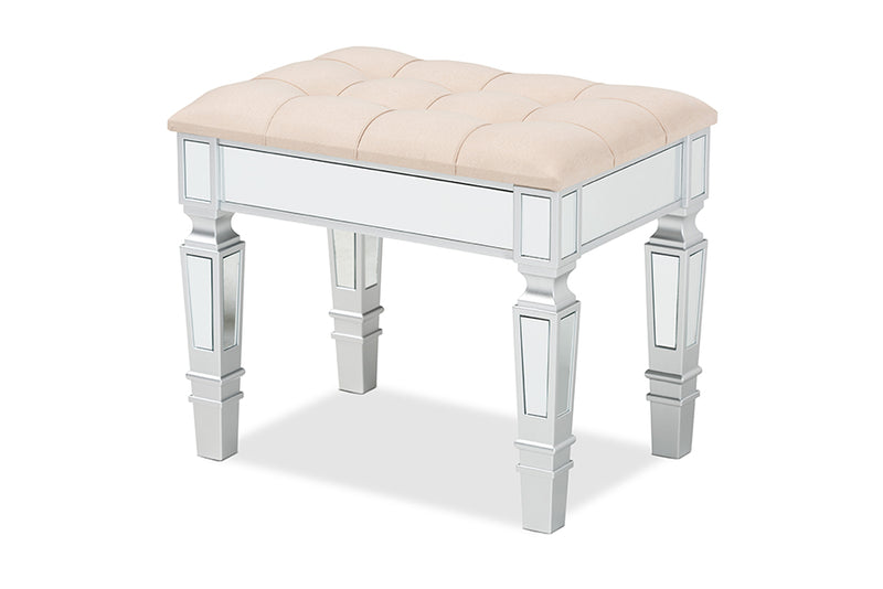 Oren Contemporary Glam and Luxe Beige Fabric Upholstered and Silver Finished Wood Ottoman