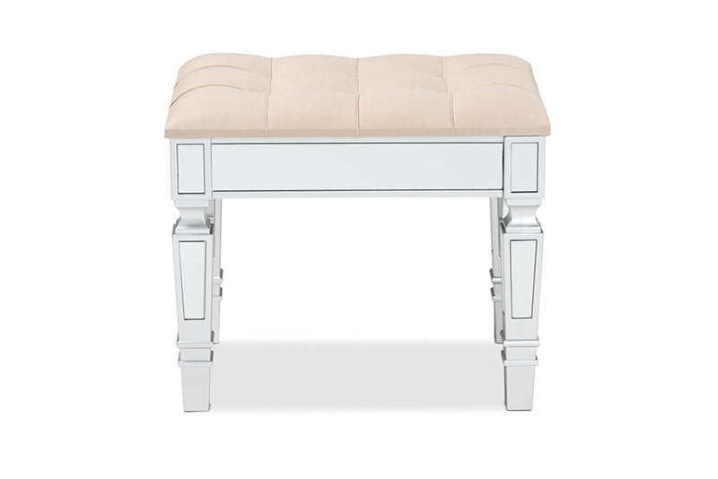 Oren Beige Fabric Upholstered and Silver Ottoman Baxton