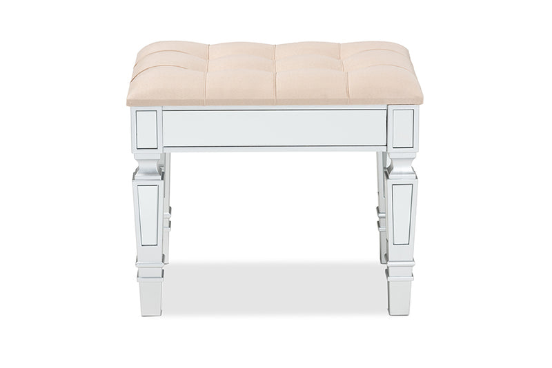 Oren Contemporary Glam and Luxe Beige Fabric Upholstered and Silver Finished Wood Ottoman