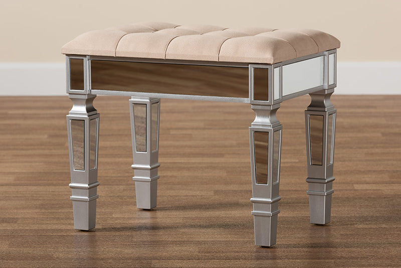 Oren Beige Fabric Upholstered and Silver Ottoman Baxton