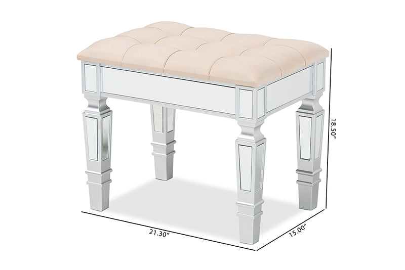 Oren Contemporary Glam and Luxe Beige Fabric Upholstered and Silver Finished Wood Ottoman