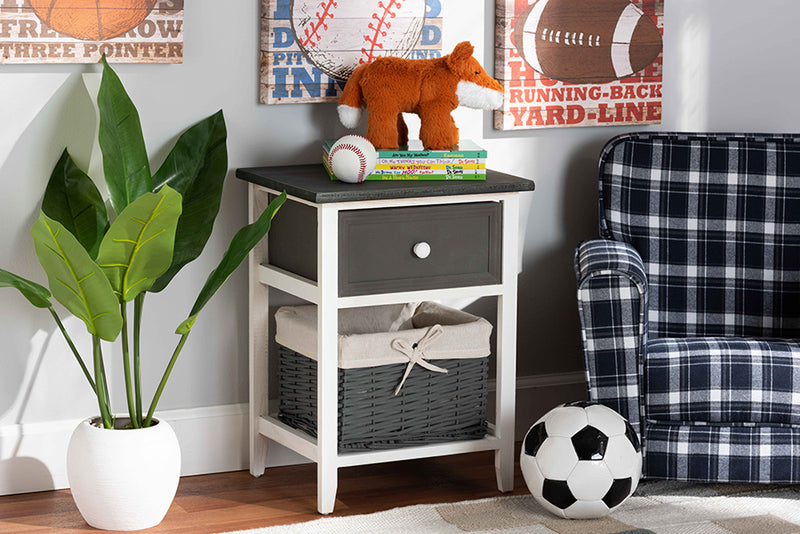 Cosette Modern Transitional Two-Tone Dark Gray and White Finished Wood 1-Drawer Storage Unit w/Basket