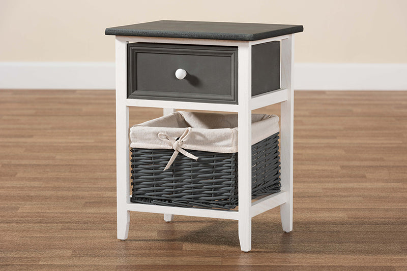 Cosette Modern Transitional Two-Tone Dark Gray and White Finished Wood 1-Drawer Storage Unit w/Basket