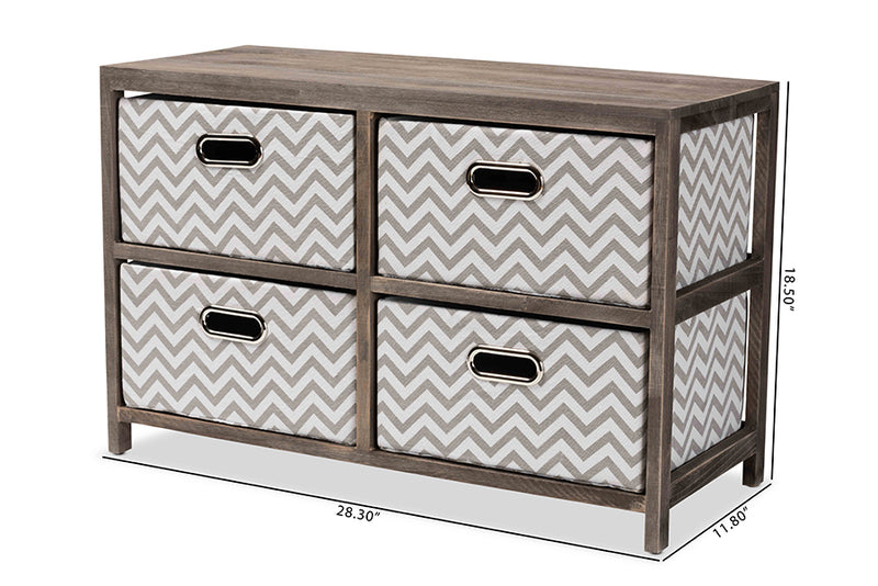 Roxy Modern and Contemporary Gray and White Fabric Upholstered Greywashed Wood 4-Basket Storage Unit