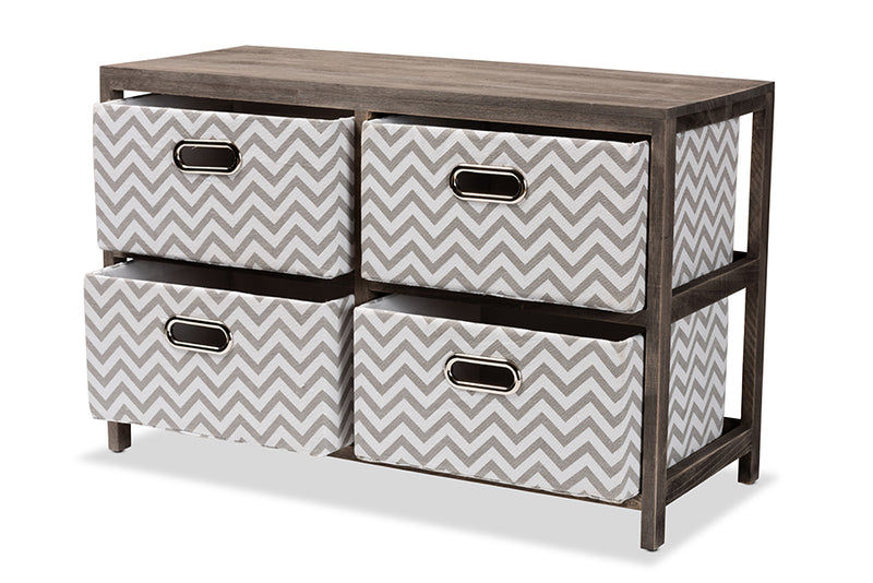 Roxy Modern and Contemporary Gray and White Fabric Upholstered Greywashed Wood 4-Basket Storage Unit