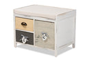 Mailene Beige Fabric Upholstered and Multi-Colored Wood 3-Drawer Storage Bench Baxton