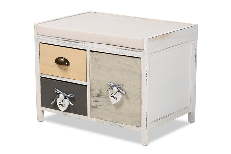 Mailene Modern Transitional Beige Fabric Upholstered and Multi-Colored Wood 3-Drawer Storage Bench