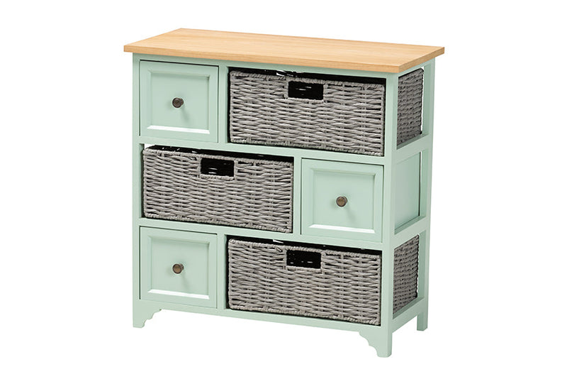 Pacino Two-Tone Oak Brown and Mint Green 3-Drawer Storage Unit Baxton