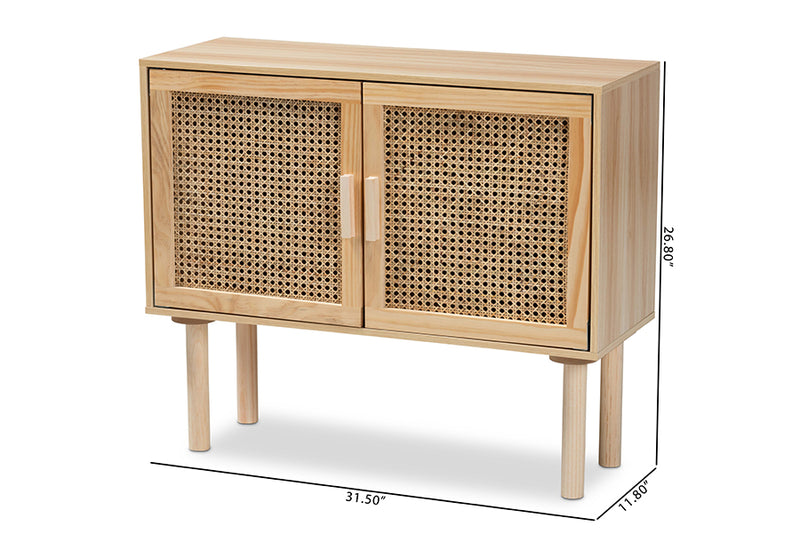 Ailith Mid-Century Modern Rattan and Natural Brown Finished Wood 2-Door Sideboard Buffet