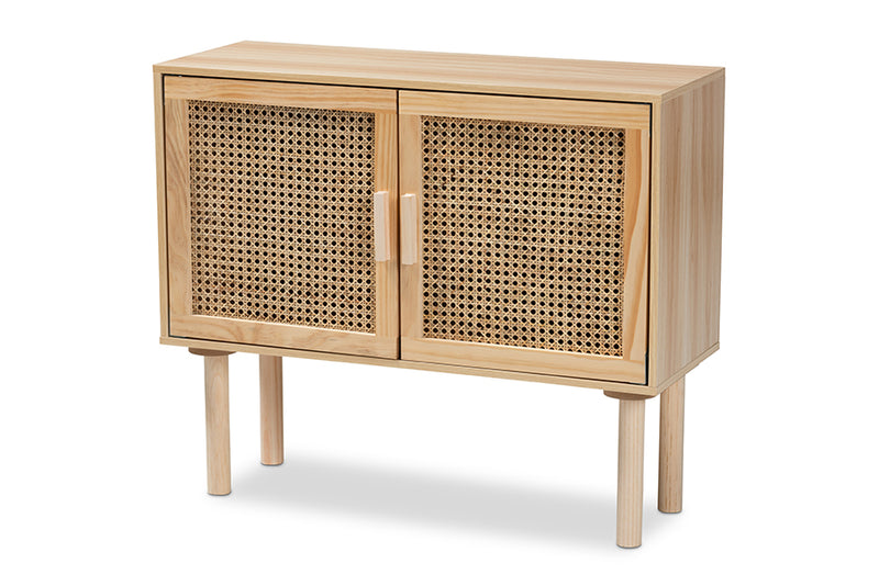 Ailith Mid-Century Modern Rattan and Natural Brown Finished Wood 2-Door Sideboard Buffet