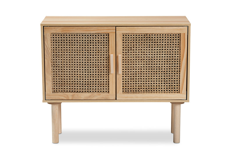 Ailith Mid-Century Modern Rattan and Natural Brown Finished Wood 2-Door Sideboard Buffet